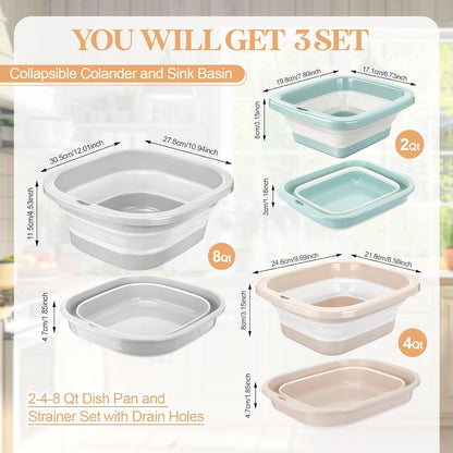 3 Set Collapsible Colander and Sink Basin 2-4-8 Qt Dish Pan and Strainer Set with Drain Holes 2-in-1 Foldable Fruit Vegetable Washing Basket for Kitchen Camping Travel (Green, Pink, Gray)