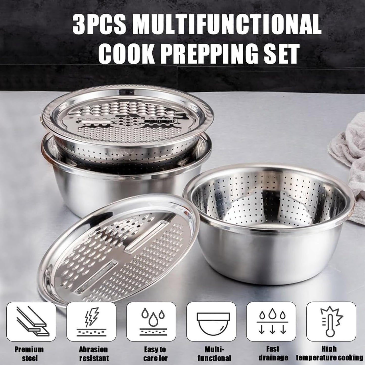 3 in 1 Stainless Steel Mixing Bowls Set - Multifunctional Colander with Grater & Vegetable Slicer, Stackable Kitchen Strainer Drain Basket for Rinsing, Washing, Mixing & Food Prep, Food Grade, 3Pcs