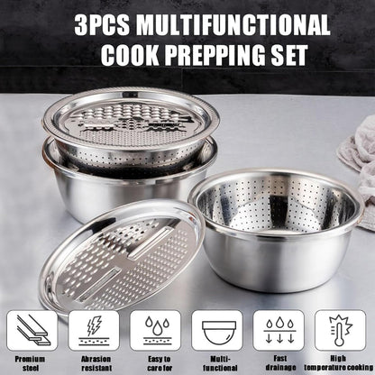 3 in 1 Stainless Steel Mixing Bowls Set - Multifunctional Colander with Grater & Vegetable Slicer, Stackable Kitchen Strainer Drain Basket for Rinsing, Washing, Mixing & Food Prep, Food Grade, 3Pcs