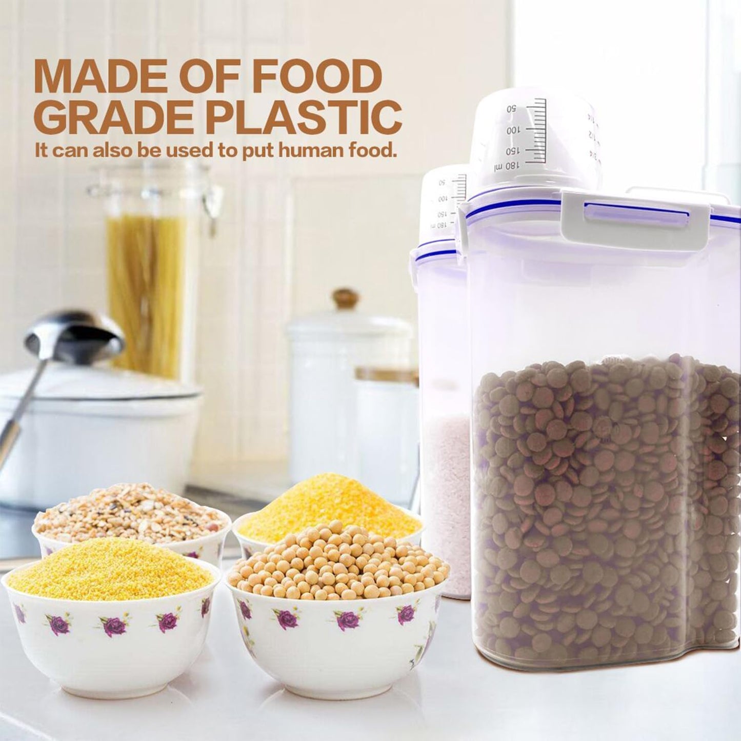 TIOVERY Upgraded Dog Food Storage Container Small, Cat Food Container Airtight, Pet Food Container Dispenser with Pour Spout, Measuring Cup and 4 Seal Buckles for Dogs, Cats, Birds (Blue)
