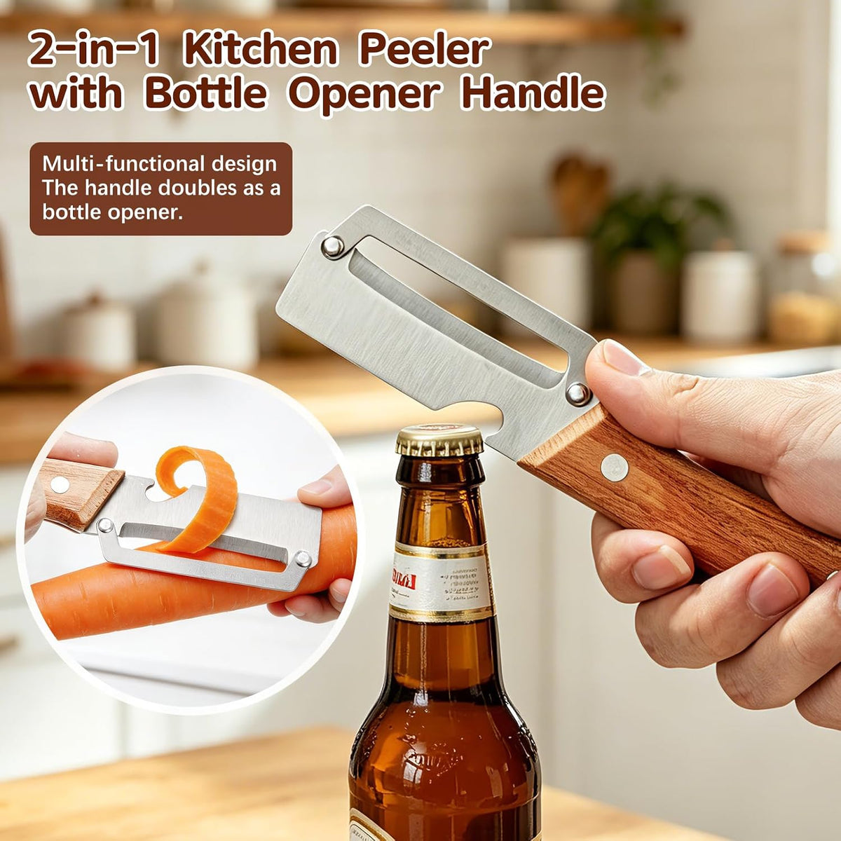 Left & Right Hand Vegetable Peeler Set with Scallion Slicer & Bottle Opener, Thickened Stainless Steel Wide Blade for Smooth Peeling, Wooden Handle Kitchen Peeler for Fruits & Vegetables