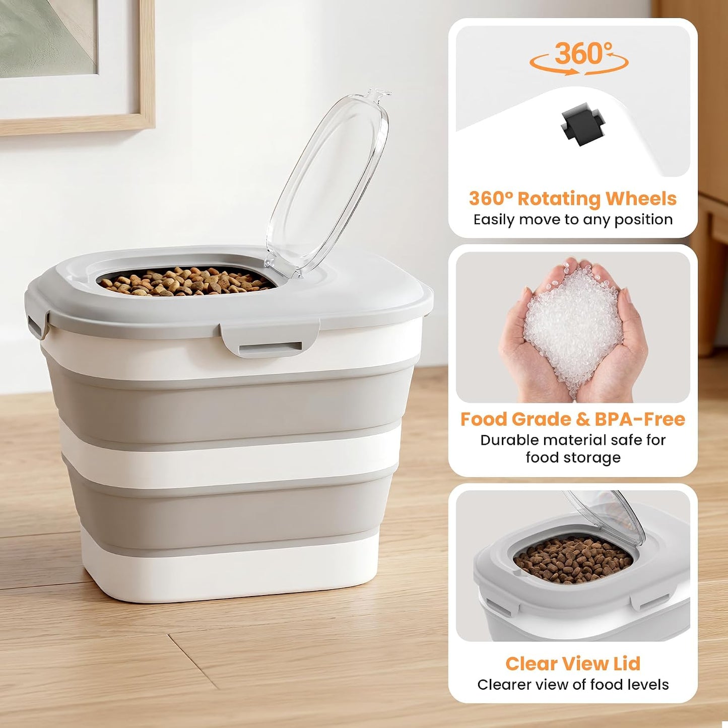 40 Lbs Dog Food Storage Container with Wheels, Collapsible Pet Food Storage Container with Clear Window, 2 Measuring Cups and Scoop, BPA Free Cat Food Container for Rice, Flour, Grain, Bird Seed