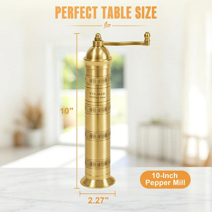 Brass Pepper Mill, 8 Inch Gold Manual Grinder with Crank Handle