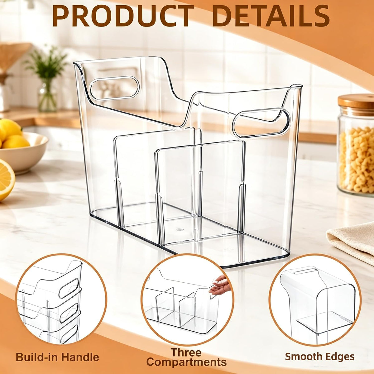 4 Pack Tall Narrow Clear Bins, Slim Pantry Freezer Organizer Bins with Removable Divider, Stackable Plastic Storage Containers with Handle for Kitchen Cabinet Closet Bathroom