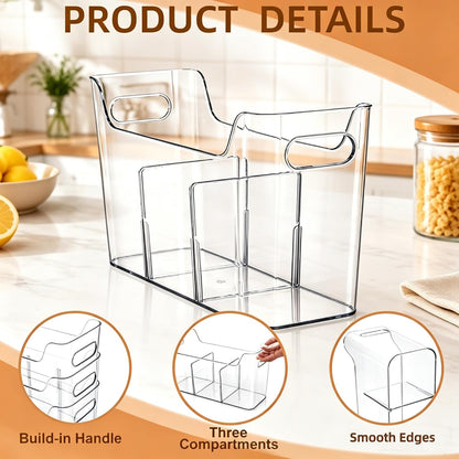 4 Pack Tall Narrow Clear Bins, Slim Pantry Freezer Organizer Bins with Removable Divider, Stackable Plastic Storage Containers with Handle for Kitchen Cabinet Closet Bathroom