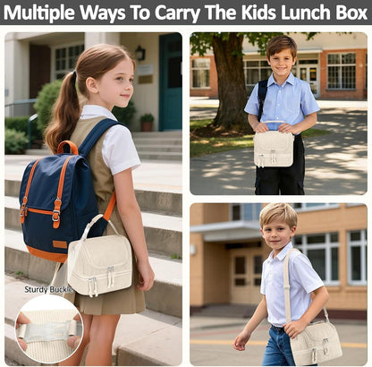 Vankor Corduroy Lunch Box Kids Insulated Lunch Bag Double Decker, Cute Leak-Proof Lunch Box for Boys Girls, Portable Cooler Lunch Bag Thermal Lunch Tote for School Picnic Travel, Light Blue