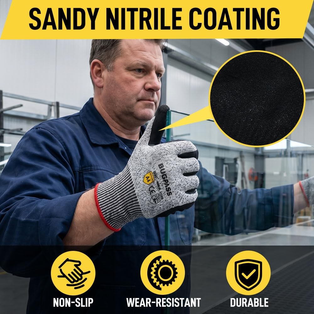 12 Pairs ANSI A4 Cut Resistant Work Gloves With Sandy Nitrile Coating, L