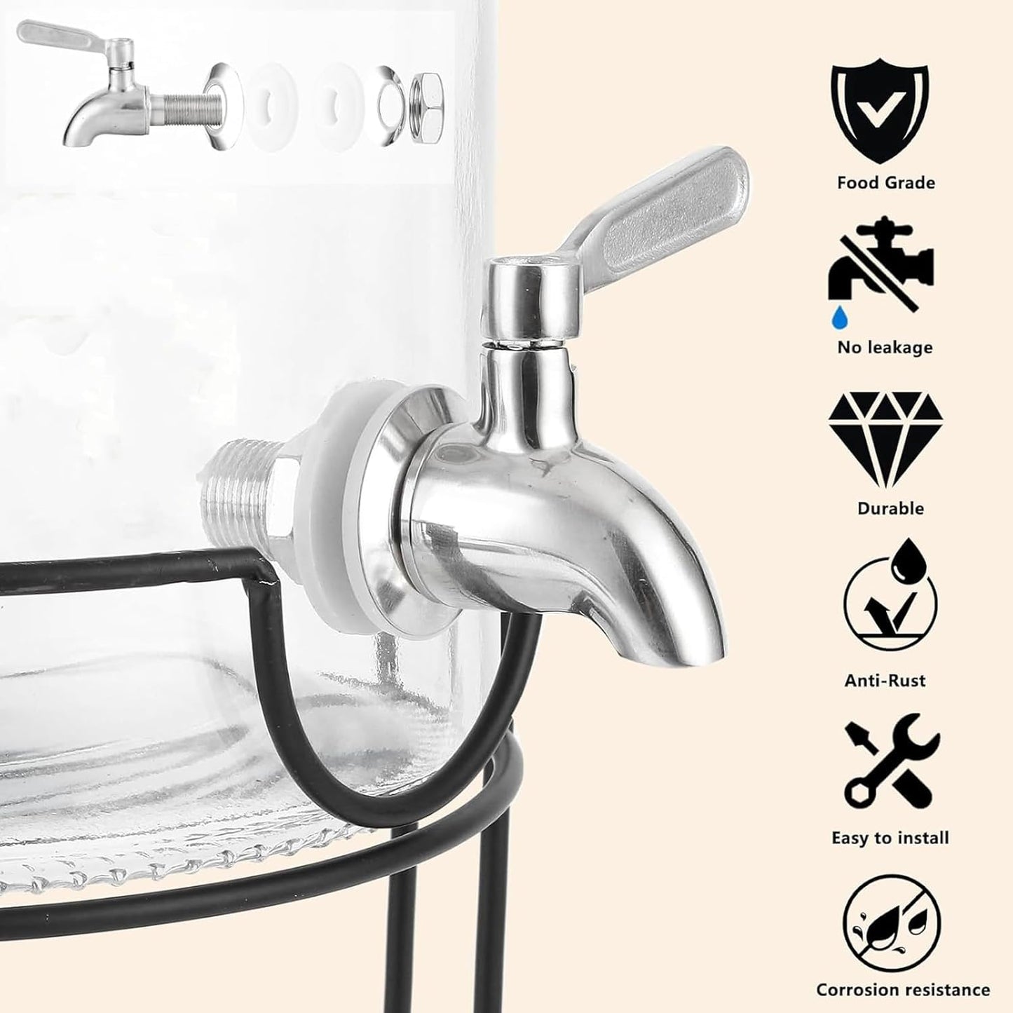 2 Gallon Glass Beverage/Drink Dispenser with Stand, Lid & Ice Core | Leakproof 18/8 Stainless Steel Spigot | Mason Jar Style for Party, Iced Tea, Outdoor & Home