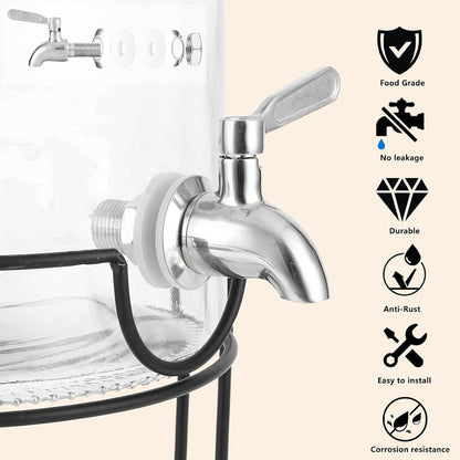 2 Gallon Glass Beverage/Drink Dispenser with Stand, Lid & Ice Core | Leakproof 18/8 Stainless Steel Spigot | Mason Jar Style for Party, Iced Tea, Outdoor & Home