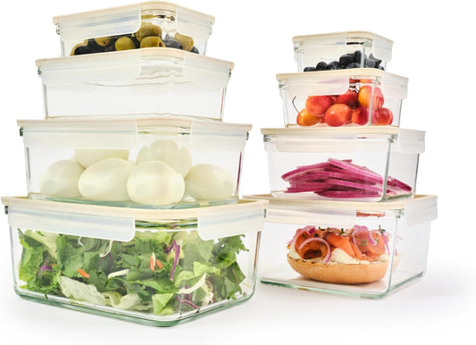 Glasslock Sens 16Pcs Glass Food Storage Set – Airtight & Leakproof, 8 Different Sizes, Anti Slip Lid, Microwave & Oven Safe, Perfect for Meal prep, Lunch Box, Nestable & Stackable, Pantry Storage