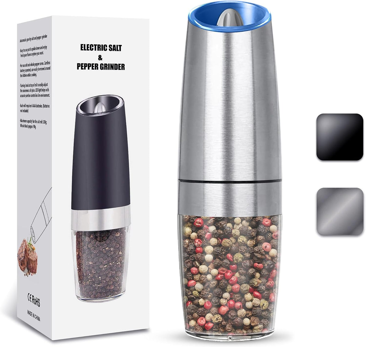 UNNEES Battery Operated Gravity Salt And Pepper Grinder Set, 2 Pcs (Black)