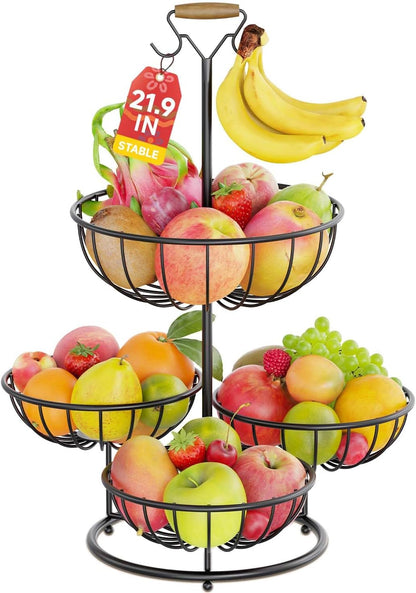 PouHenier.jh 3 Tier Rotating Fruit Basket Bowl, Kitchen Counter Wire Produce Organizer Holder, Stable Vegetable Storage Stand with 2 Banana Hangers, Countertop Tiered Veggie Rack, Easy Setup, Black