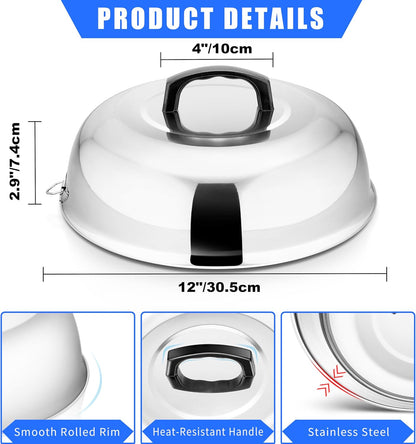 Cheese Melting Dome Set of 3, Leonyo 12"-9"-6.5" Metal Steam Basting Cover for Griddle Grill, Heavy duty Stainless Steel Griddle Accessories for BBQ Flat Top Kitchen Cooking Hamburger, Heat Proof Grip