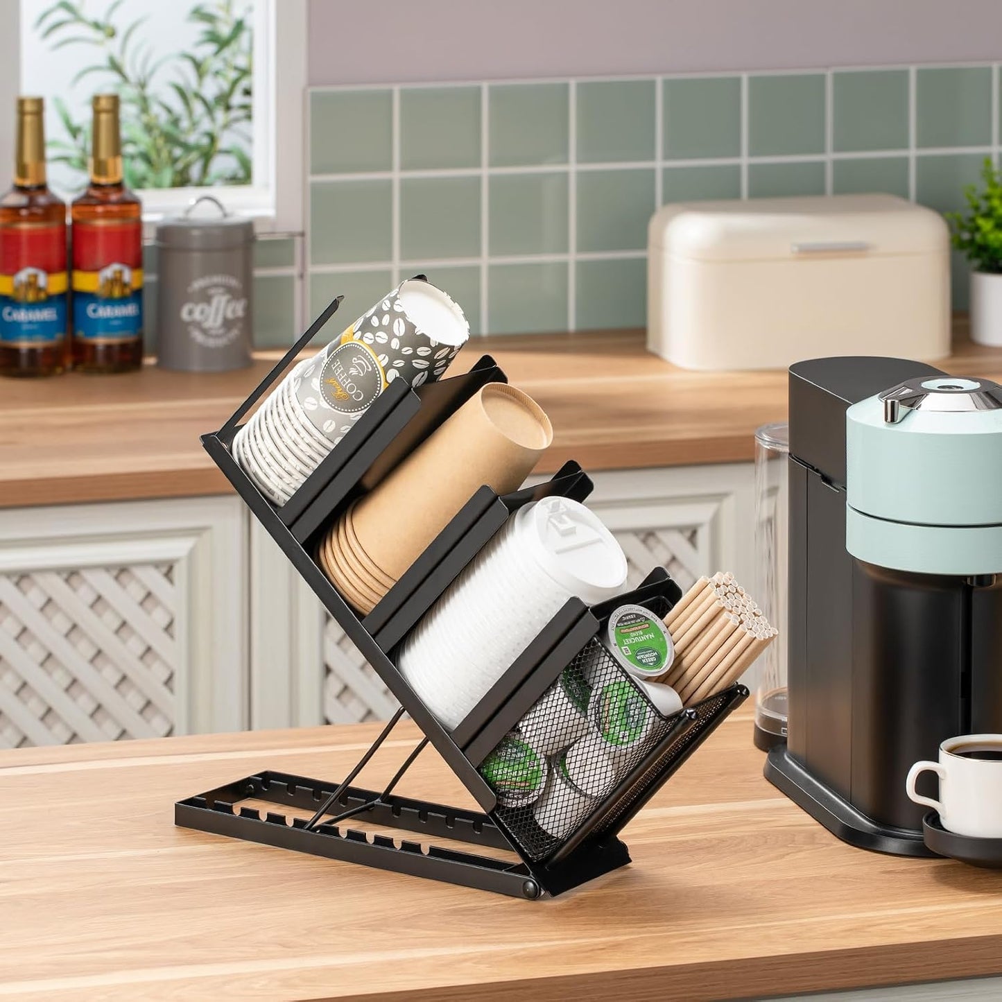 Coffee Cup Holder Organizer 4 Compartment Disposable Cup Dispenser, Cup and Lid Holder with Mesh Basket for Countertop Coffee Station Bar, Black