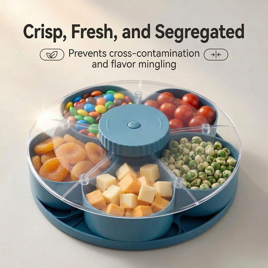 Rotating Snack Tray with Lid, 5 Compartments Divided Serving Platter, BPA-Free Food Storage Container for Candy, Fruit, Nuts, Appetizers, Spinning Lazy Susan for Party, Kitchen, Living Room(Blue)