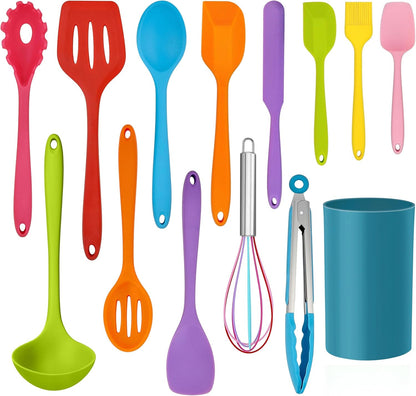 LIANYU 14 Pcs Silicone Kitchen Utensils Set with Holder, 446°F Heat Resistant Silicone Cooking Kitchen Utensils Spatula Set, Non-Stick & Dishwasher Safe Cooking Tools, Comfort Grip Handle, Black