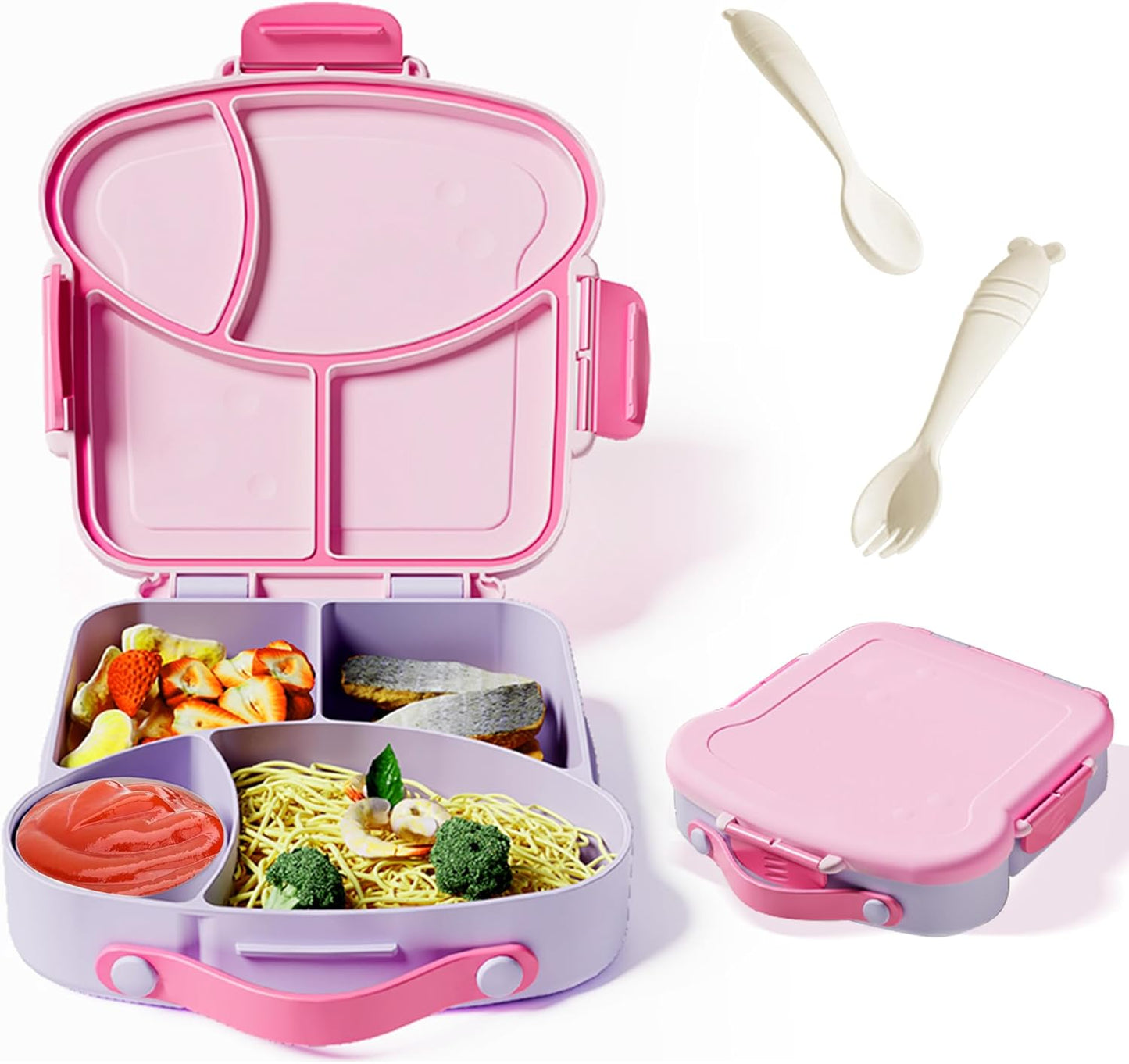 Kids Bento Lunch Box, Toast Shaped 4-Compartment 31OZ Container with Sauce Cup & Utensils (Ages 3+) Leak-Proof, Drop-Proof, Dishwasher Safe | BPA-Free Reusable Lunch Box for School, Travel | Pink