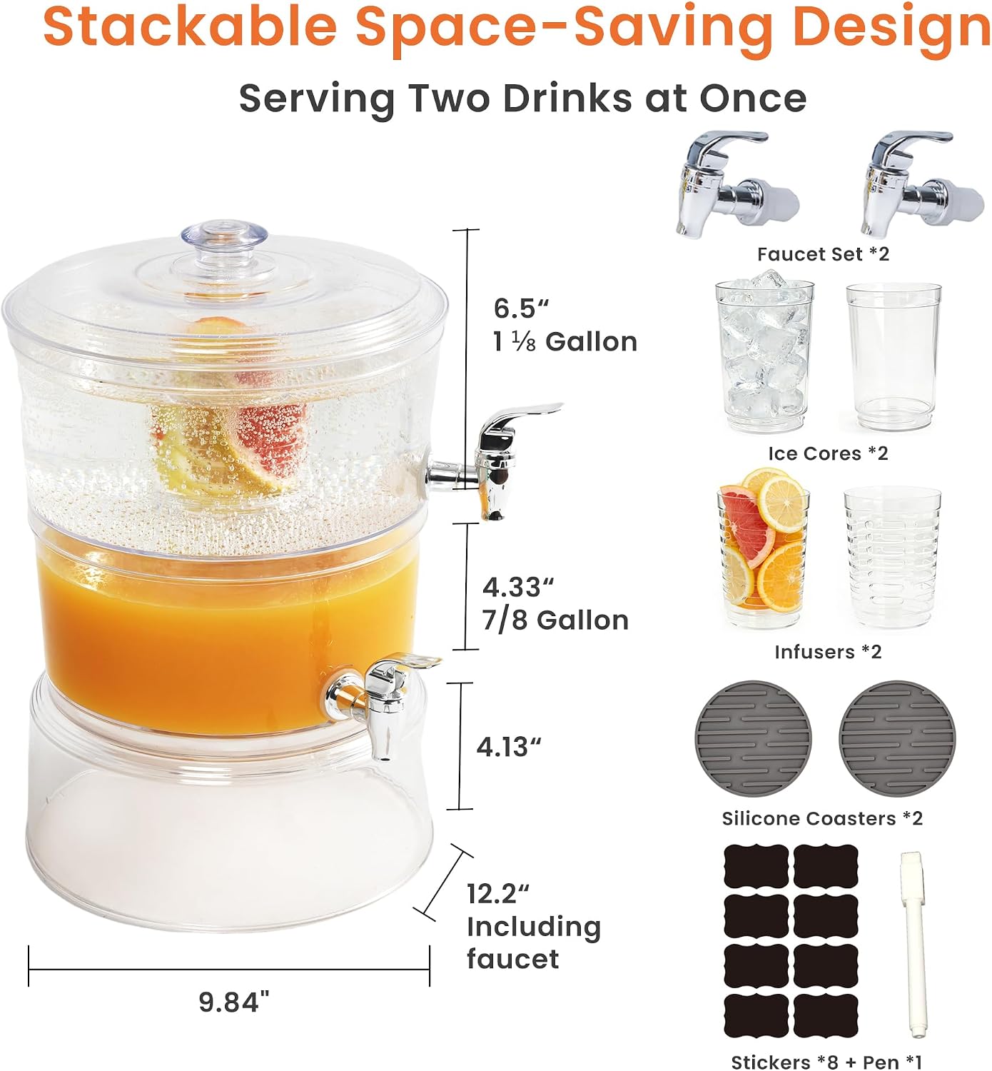 LISI 2-Tier Beverage Dispenser, 2 Gallon Stackable Drink Dispenser with Stand Ice Cores & Infusers, BPA-Free Clear Plastic Double Beverage Server for Parties, Events & Home Use
