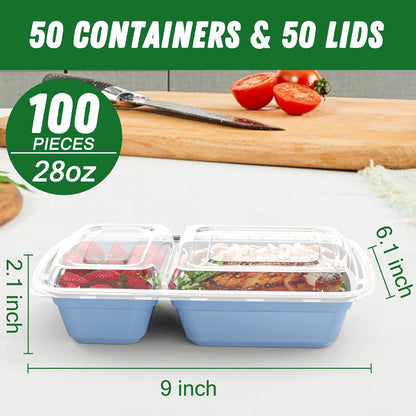 Dealusy 50 Pack (100-Piece) 28 oz Meal Prep Containers Reusable with Lids 2-Compartment, Sturdy Leakproof Food Safe, Microwave Freezer Dishwasher Safe, To Go Take Out Plastic Food Storage, Black