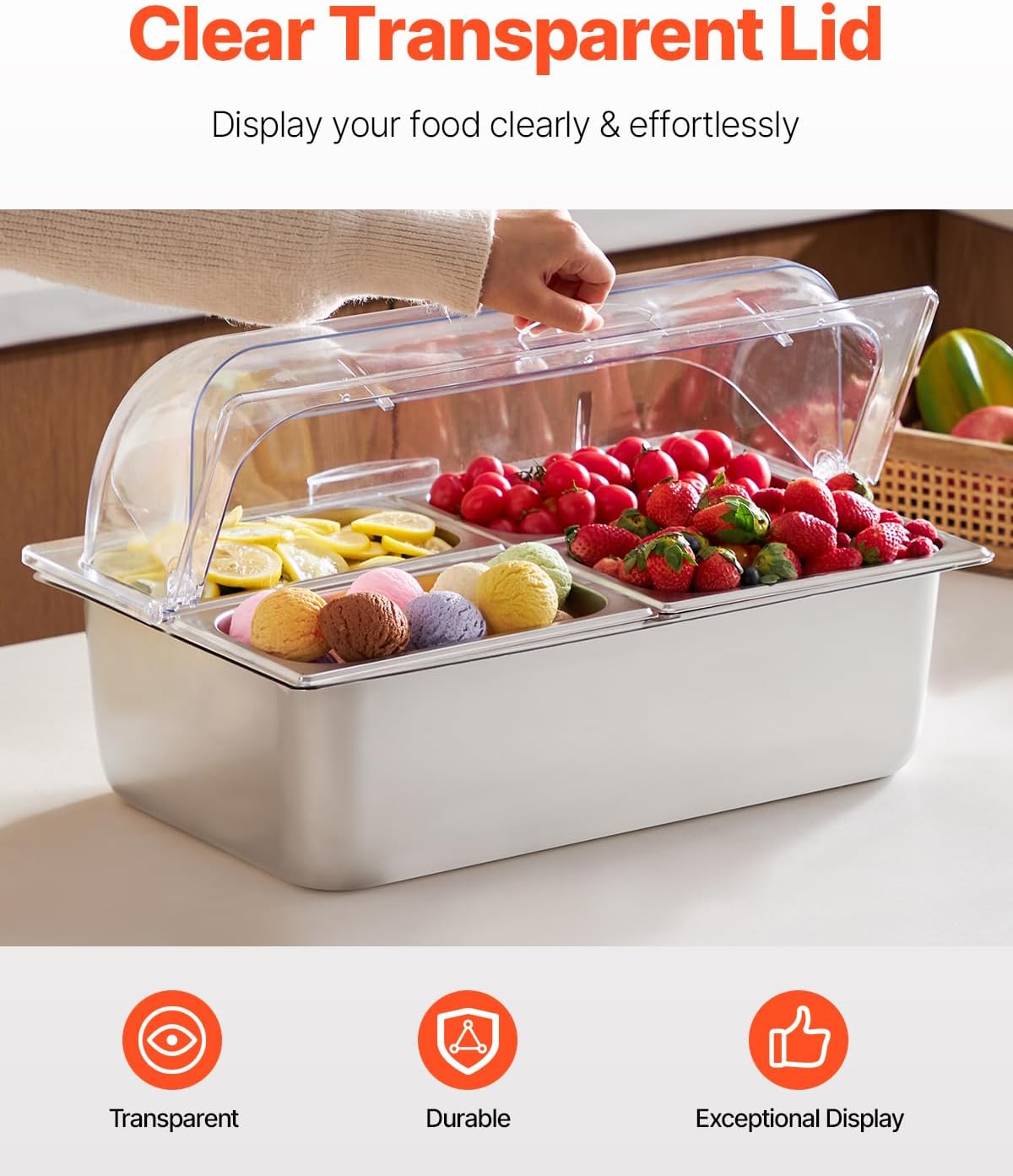 VEVOR Chilled Condiment Server Caddy, 5 Compartment Ice Cooled Serving Container, Plastic Fruit Garnish Tray Platter with Lid, for Taco Salad Bar Accessories, Party Home Restaurant Supplies