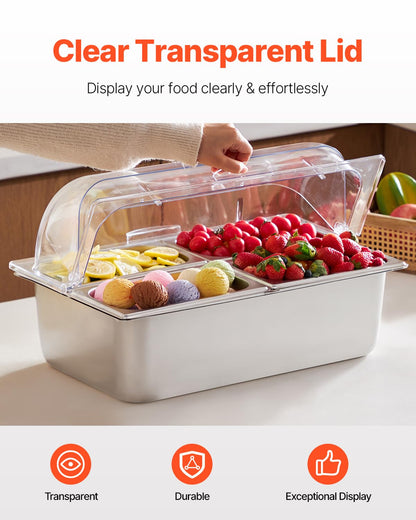 VEVOR Chilled Condiment Server, 4 Compartment Ice Cooled Condiment Serving Container, Chilled Garnish Tray Bar Caddy with Lid, for Bartending & Serving Taco, Salad, Fruit, Home & Restaurant Supplies