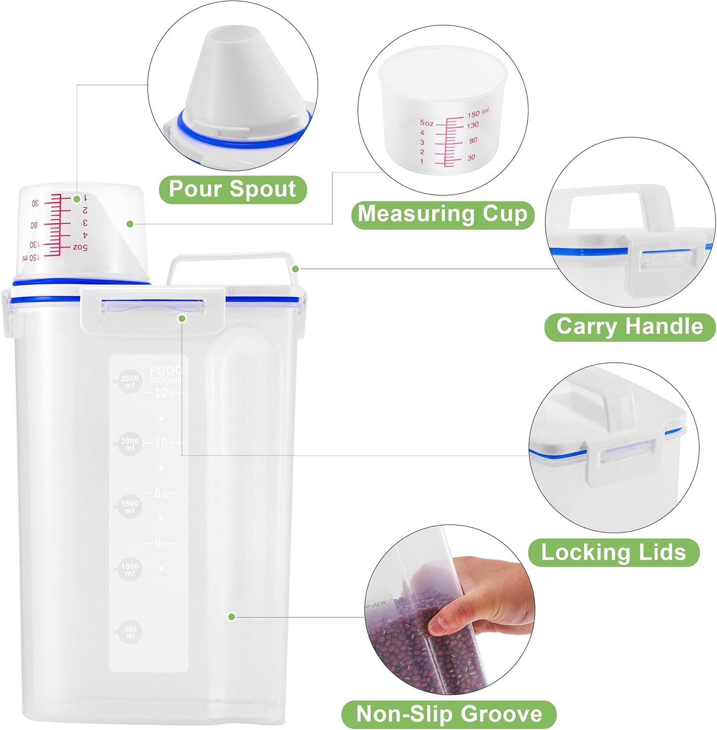 2 Pcs 5.5Lbs Rice Dispenser Storage Containers, Rice Container with Measuring Cup & Pour Spout, Kitchen Plastic Airtight Container for Cereal, Grain, Flour, Sugar, Oatmeal, Dry Pet Dog Food