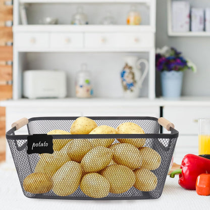 Potato and Onion Storage Bin, 2 Set Potato Bin Storage and Onion Container with Wooden Handle, Pantry Kitchen Organization and Storage, Metal Mesh Baskets for Fruit, Vegetable, Produce-White