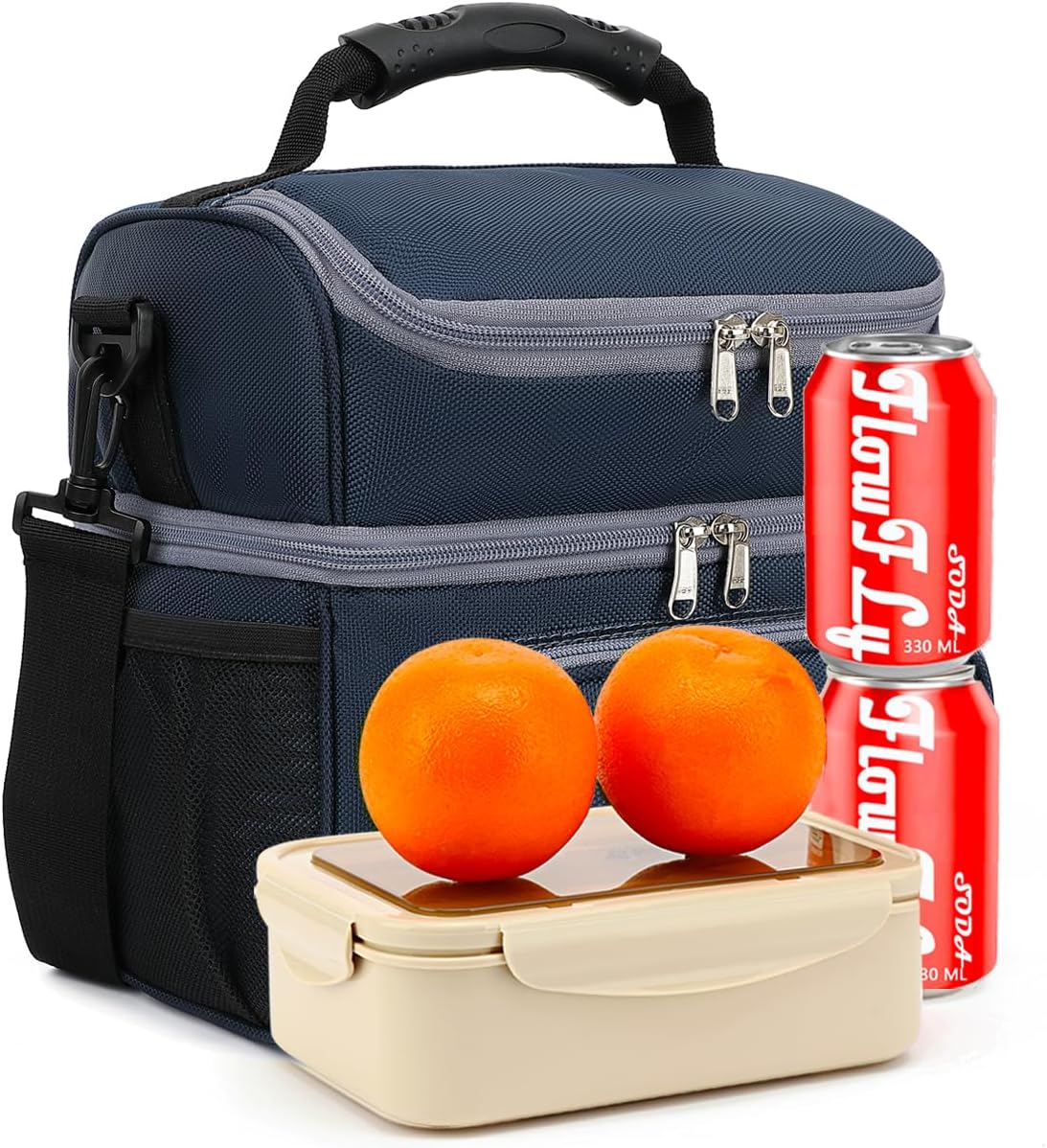 FlowFly Double Layer Cooler Insulated Lunch Bag Adult Lunch Box Large Tote Bag for Men, Women, With Adjustable Strap,Front Pocket and Dual Large Mesh Side Pockets