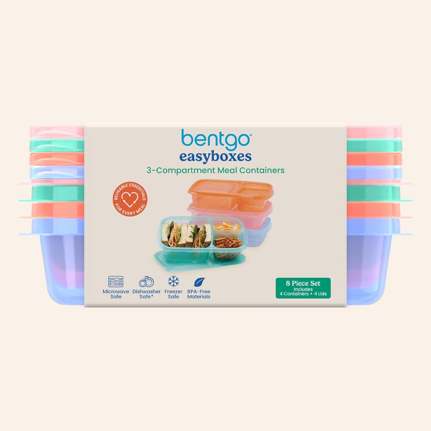 Bentgo Easyboxes - Original Stackable Lunch Boxes - Reusable 3-Compartment Food Containers for Kids and Adults - Bento Lunch Box for Meal Prep, School, & Work - BPA Free, Set of 4 (Earth Tones)