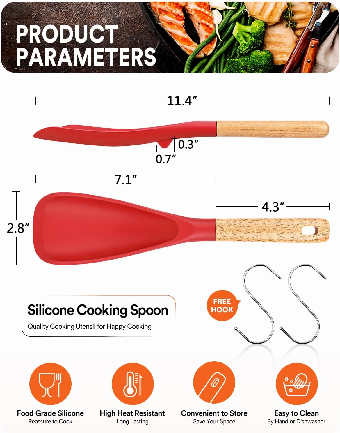 Cooking Spoon for Nonstick Cookwares, Great for Cooking and Serving Sturdy BPA-Free Matte Silicone, Wood Handle Spoon for Mixing, Scoop, and Scrape (Black & Grey, 11.4 inch)