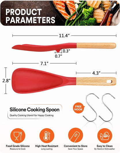 Cooking Spoon for Nonstick Cookwares, Great for Cooking and Serving Sturdy BPA-Free Matte Silicone, Wood Handle Spoon for Mixing, Scoop, and Scrape (Black & Grey, 11.4 inch)