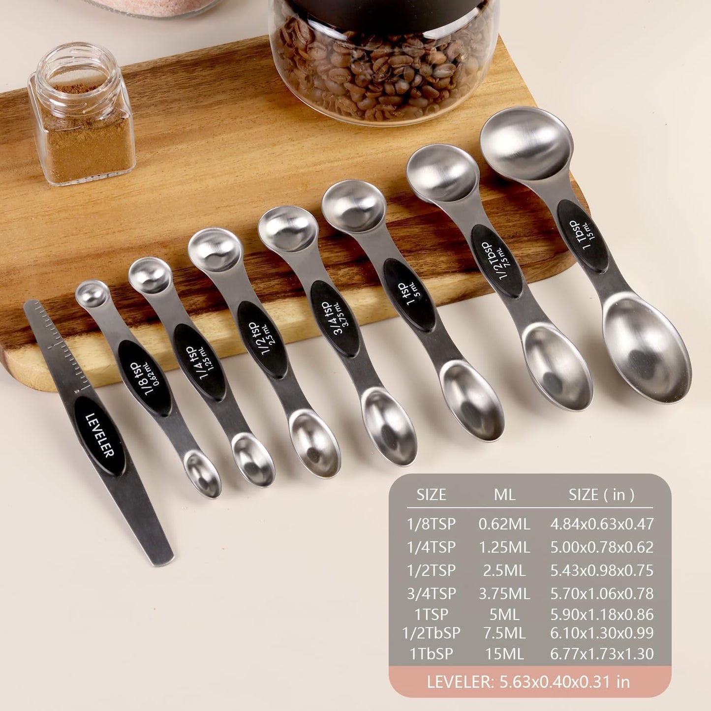 ChefAide Pack of 8 Stainless Steel Magnetic Measuring Spoons Set, Dual Sided, Stackable, Adjustable Teaspoon and Tablespoon Measure Spoon with Leveler, Kitchen Gadgets