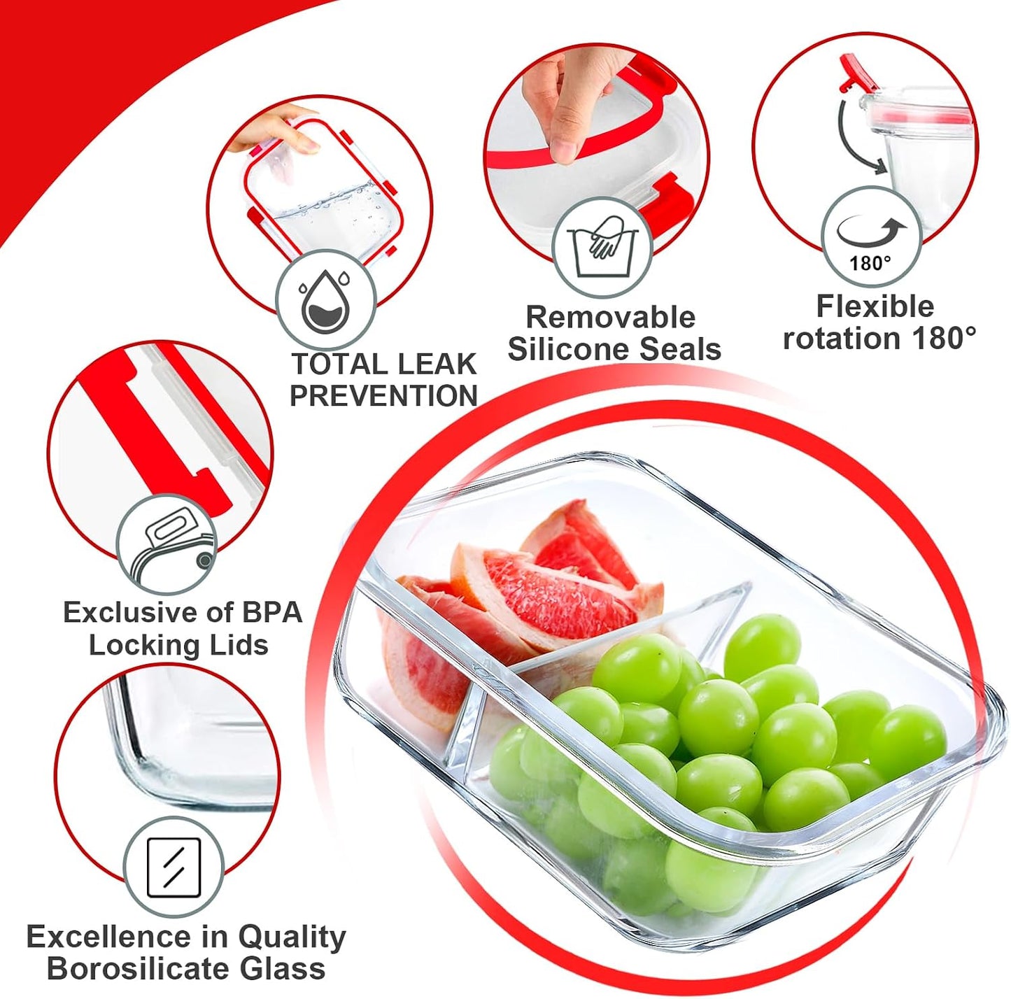 VERONES 5 Pack Glass Meal Prep Containers 2 Compartment Set, 36OZ Airtight Lunch Containers, Glass Food Storage Containers with Lids, for Microwave, Oven, Freezer & Dishwasher Friendly,White