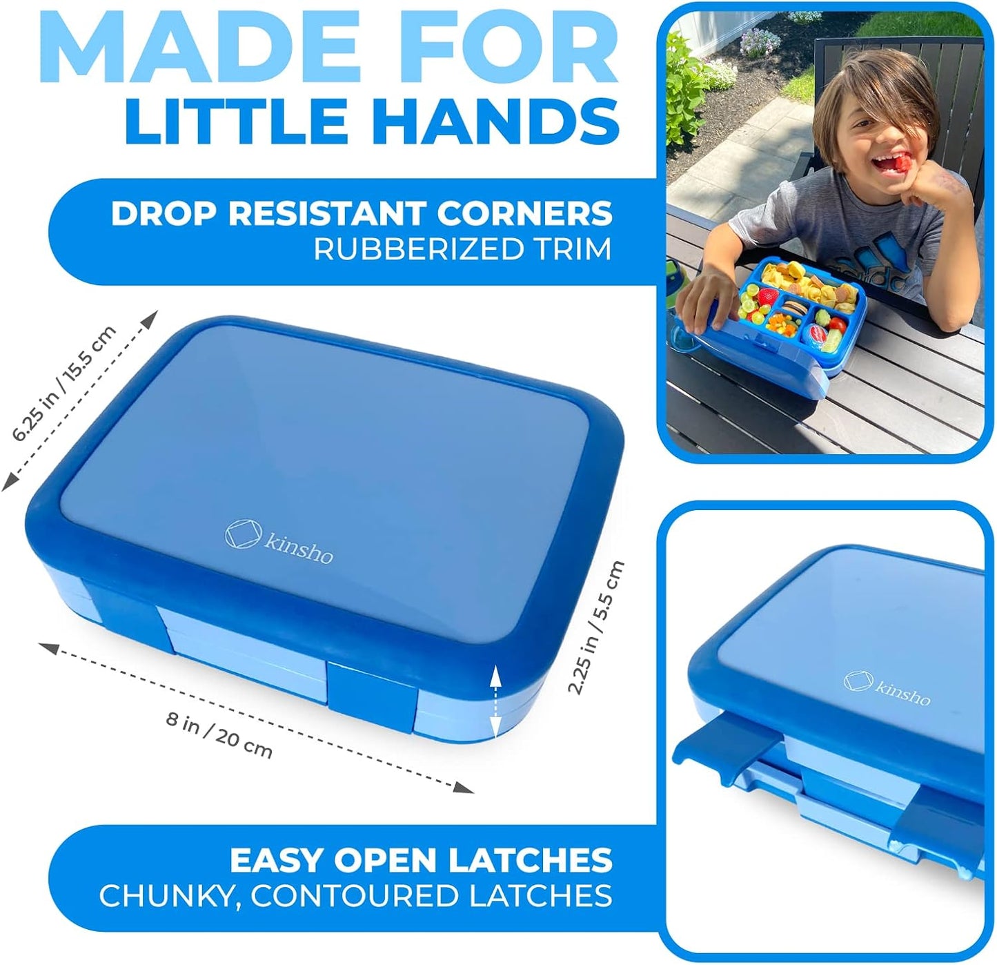 Kinsho Bento Lunch Box for Kids Toddlers, 5 Portion Control Sections, BPA Free Removable Plastic Tray, Pre-School Kid Toddler Daycare Lunches, Snack Container Ages 3 to 7 (Blue Space Rockets)