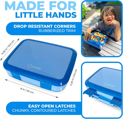 Kinsho Bento Lunch Box for Kids Toddlers, 5 Portion Control Sections, BPA Free Removable Plastic Tray, Pre-School Kid Toddler Daycare Lunches, Snack Container Ages 3 to 7 (Blue Space Rockets)