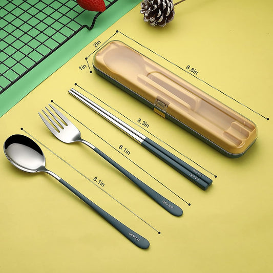 DEVICO Portable Utensils, Travel Reusable Silverware Flatware Set for Lunch, 18/8 Stainless Steel 4-Piece Camping Cutlery Include Fork Spoon Chopsticks with Case (Green)