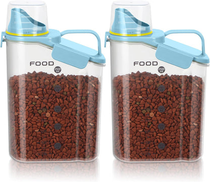 LEAWALK 3-5Lbs Airtight Small Cat Dog Pet Food Storage Containers BPA Free, with Large Pour Spout/1 Measuring Cup/ 4 Safety Locks and Double-layer Silicone Strip (Clear Black 2Pack)