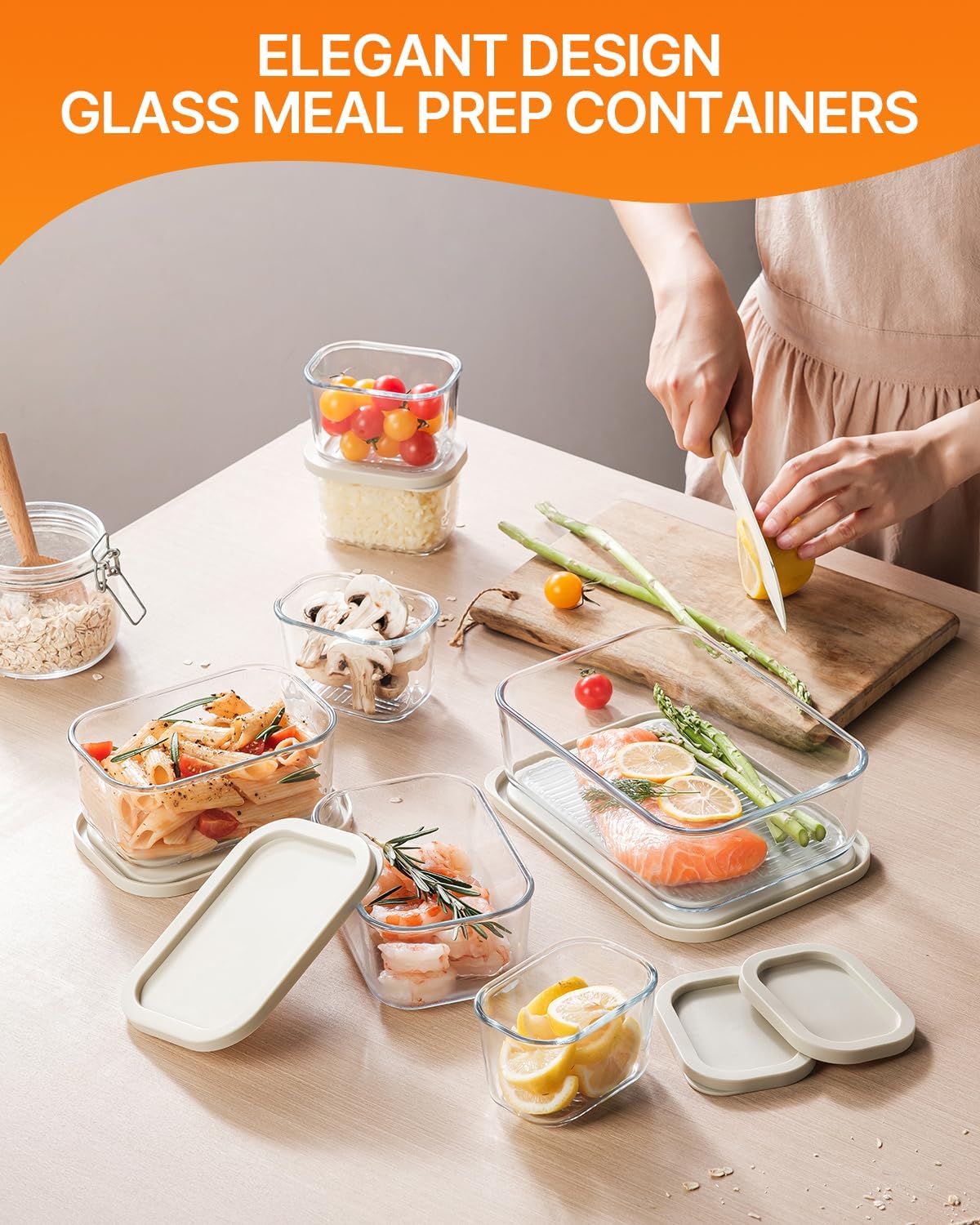 KEMETHY 7 Pack Glass Food Storage Containers with Lids,Stackable BPA Free Glass Meal Prep Containers,Glass Lunch Containers with Lids for Kitchen Storage and Organization- Baking, Microwave, Oven