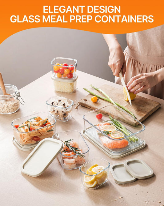 KEMETHY 7 Pack Glass Food Storage Containers with Lids,Stackable BPA Free Glass Meal Prep Containers,Glass Lunch Containers with Lids for Kitchen Storage and Organization- Baking, Microwave, Oven