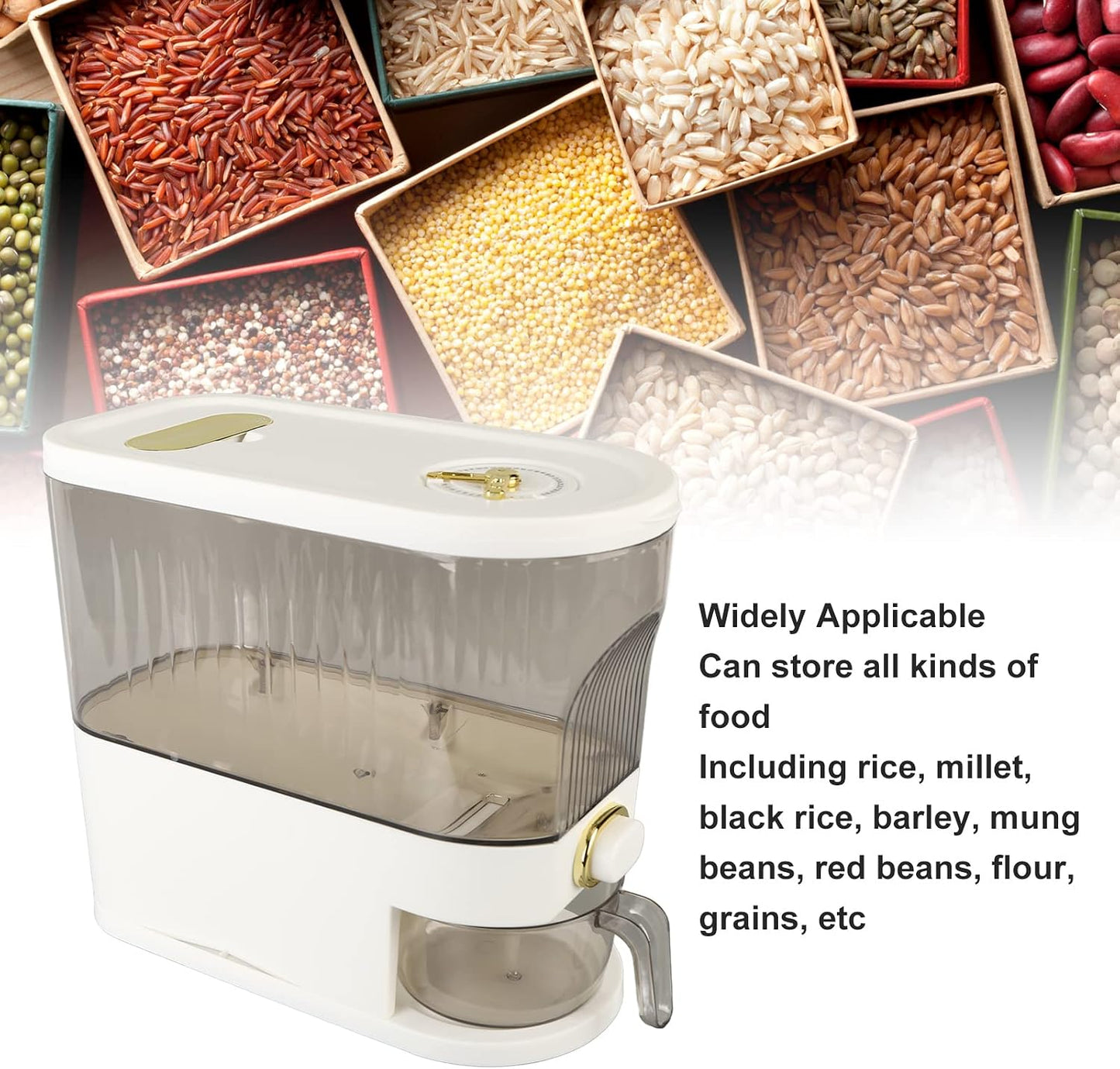 Rice and Grain Storage Container, Clear Rice Dispenser, Food Storage Container with Measuring Cup, Button Operation Dry Food Storage Box Rice Bucket for Cereal, Grain, Beans(L)