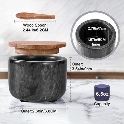 Salt and Pepper Bowl, Marble Salt Cellar and Spices Storage Container With Built-in Spoon and Acacia Wood Lid - 6.5oz Capacity (White)