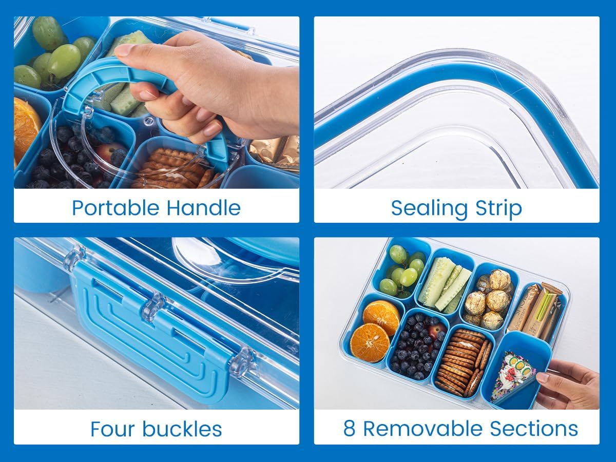 Dingerjar Divided Serving Tray with Lid and Handle - Snackle Box Charcuterie Container for Portable Snack Platters - Clear Organizer for Candy, Fruits, Nuts, Snacks - Perfect for Party, Entertaining