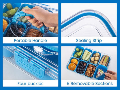 Dingerjar Divided Serving Tray with Lid and Handle - Snackle Box Charcuterie Container for Portable Snack Platters - Clear Organizer for Candy, Fruits, Nuts, Snacks - Perfect for Party, Entertaining