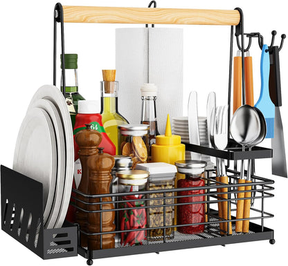 JBBTOOL Grill Caddy, BBQ Caddy for Outdoor Grill with Paper Towel Holder, Picnic Condiment Utensil Storage, Camping Essentials, RV, Tailgating Essentials, Grilling Accessories, Gifts for Men