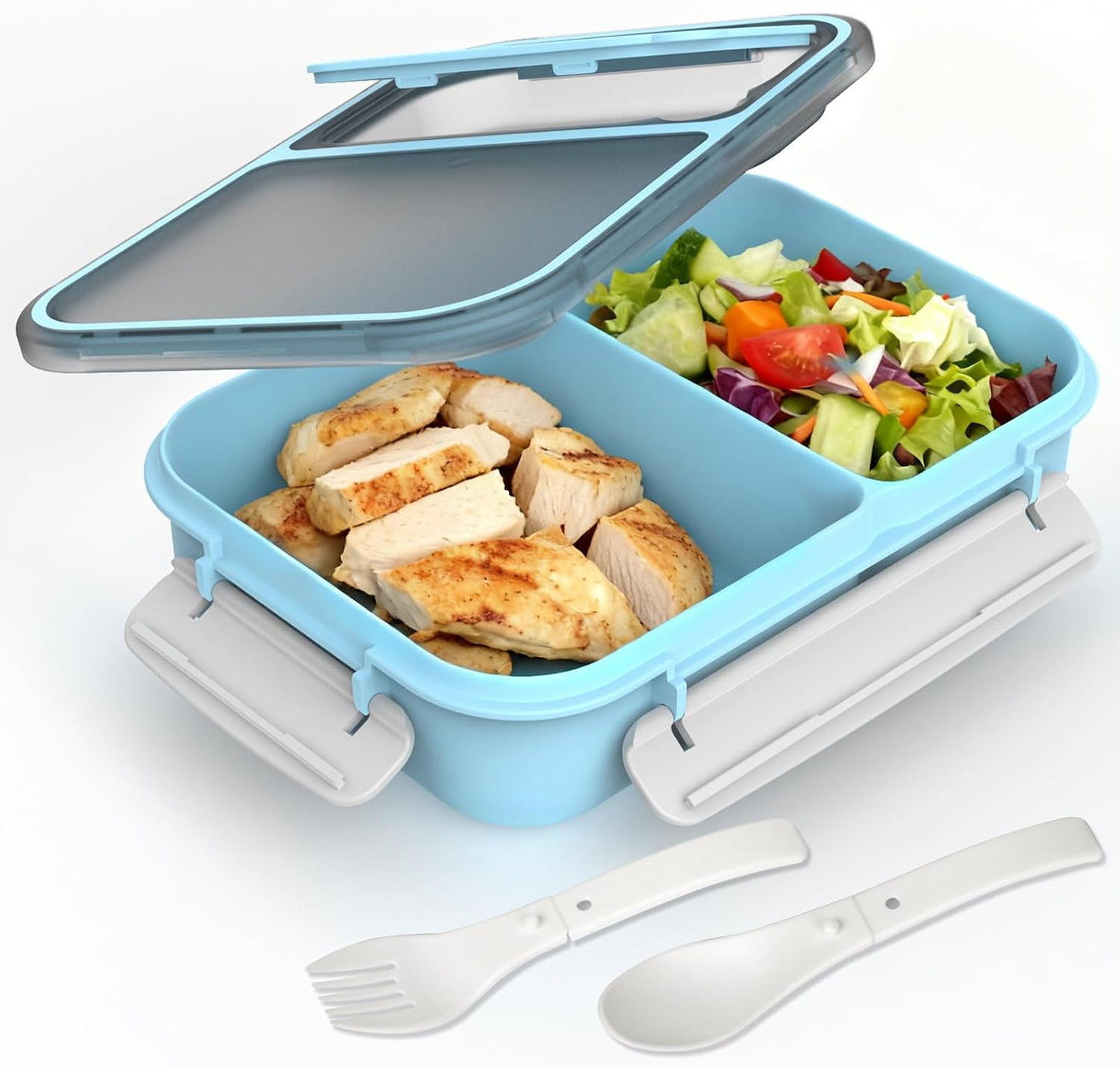 WHALEHOUSE Bento Lunch Box, 1300ML 4 Compartments Meal Prep Container with Utensil, Airtight Food Storage Container with Snap Locking Lids, Microwave/Dishwasher/Freezer Safe, On the Go