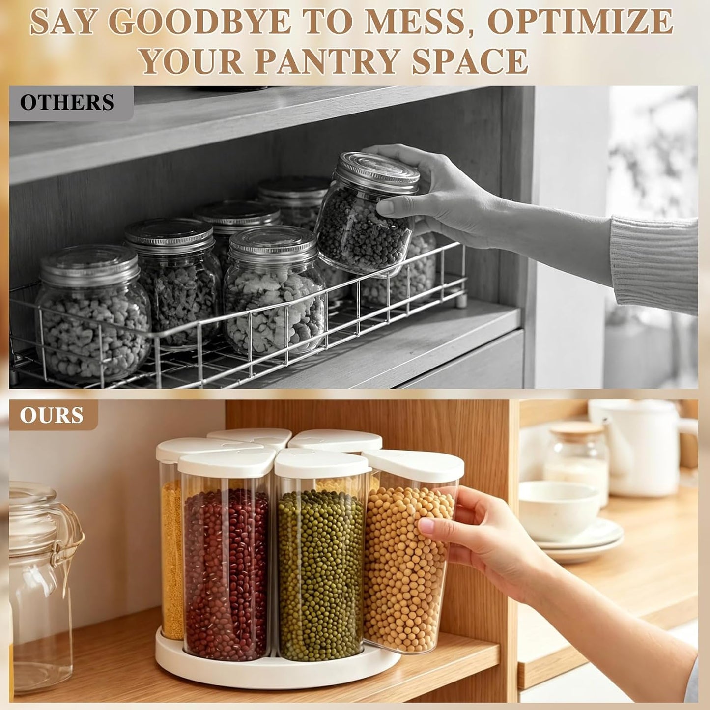 6 Grids 360° Rotating Cereal Dispenser Countertop - 7 lbs Rice Dispenser for Pantry Kitchen - Small Food Storage Containers Set with Lids - Grain Cereal Storage Container for Oats, Flour, Bean