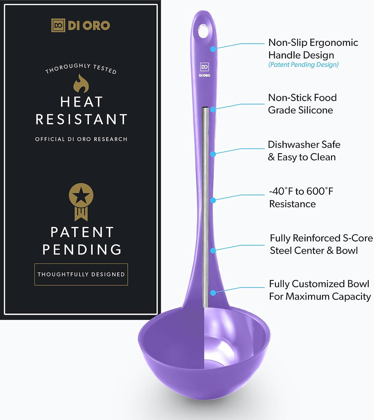 DI ORO Silicone Ladle - Soup & Serving, 600F Heat Resistant, Black