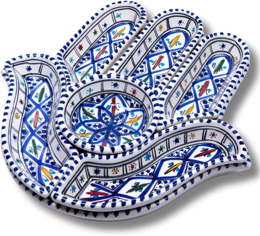 Kamsah Hamsa Serving Platter – 7-Piece Hand-Painted Ceramic Colorful Serving Dishes for Snacks, Appetizers, Dips and More – Moroccon Decorative Platters for Celebrations, Parties and Events