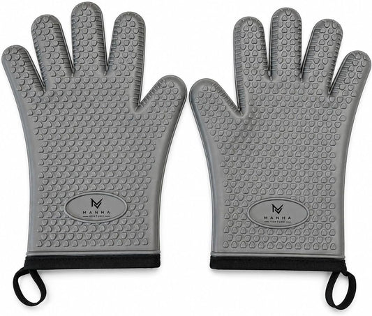 Silicone Oven Mitts, Five Fingers, Waterproof Non-Slip Oven Gloves, BPA-Free, Heat Resistant up to 500°F, 2-Pack (Gray)