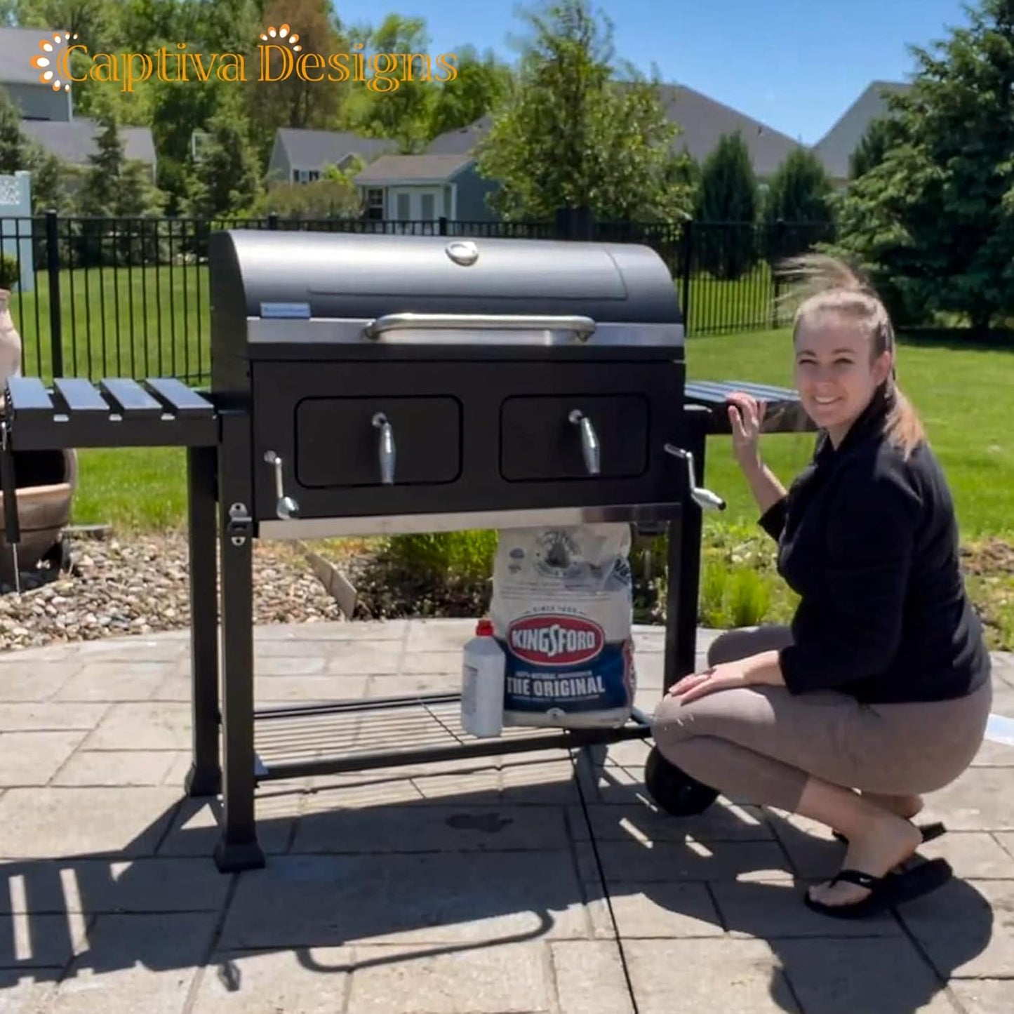 Captiva Designs Extra Large Charcoal BBQ Grill with Oversize Cooking Area(794 SQIN), Outdoor Cooking Grill with 2 Individual Lifting Charcoal Trays and 2 Foldable Side Tables